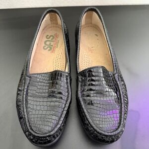 SAS Simplify Slip On Moccasin Loafer Black Croc Womens 7 Comfort Shoes Leather